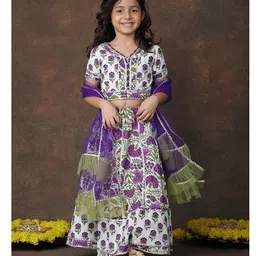 Superminis Cotton Woven Half Sleeves Floral Printed & Gota Lace Embellished Lehenga Choli With Dupatta Set - Purple-picture-24