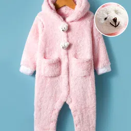 Mark & Mia Knit Full Sleeves Winter Wear Fur Hooded Romper With Pocket & Badge Detailing & Teddy Applique - Pink-picture-19