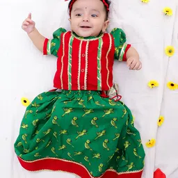 BownBee Cotton Woven Half Puffed Sleeves Gota Lace Embellished Lehenga Choli Set - Red-picture-28