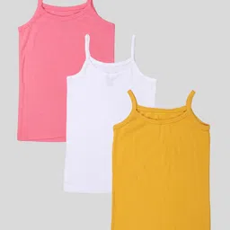Kiddopanti Cotton Knit Pack Of 3 Sleeveless Solid Camisoles - Mustard Neon Pink & White-picture-22