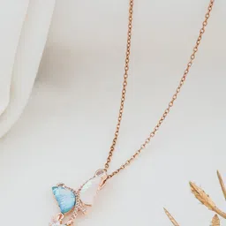 QUERALT Stainless Steel Stones Studded Pearls Beaded Butterfly Pendant With Chain-picture-40