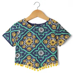 Pine Kids Woven Half Sleeves Floral Printed Choli Lehenga Set with Dupatta - Navy Blue image 2