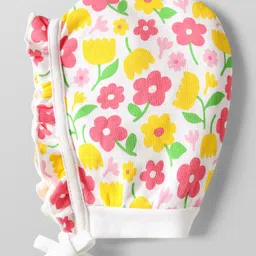 Babyhug 100% Cotton Knit Cap Mittens & Booties Set with Floral Print White - Circumference 30 cm image 2