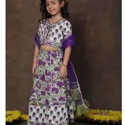 Superminis Cotton Woven Half Sleeves Floral Printed & Gota Lace Embellished Lehenga Choli With Dupatta Set - Purple image 4