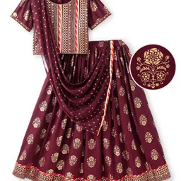 Earthy Touch Single Jersey Knit Half Sleeves Foil Printed Choli Lehenga Set with Dupatta - Maroon image 5