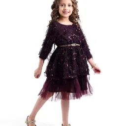 Hola Bonita Knit Full Sleeves Knee Length Fit And Flare Party Dress With Sequins & Fur Detailing - Wine image 5