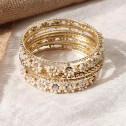 Fida Gold-Plated White Stone-studded & Beaded Bangle for Women - Set of 9-image-0