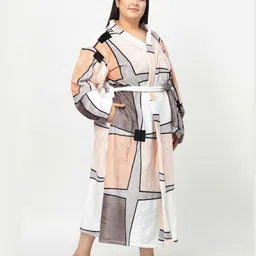 KLOTTHE Plus Size Peach-Coloured and white Printed Woolen Bath Robe With Belt image 2