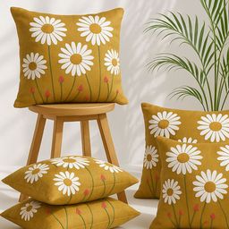 MFD HOME FURNISHING Camel Brown & White Set of 5 Floral Square Cushion Covers-picture-13
