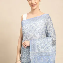 SHANVIKA Blue Cotton Printed Saree Without Blouse image 5