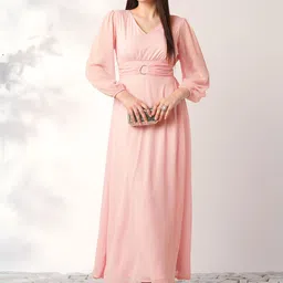 Globus V-Neck Bishop Sleeves Smocked Fit & Flare Maxi Party Dress image 1