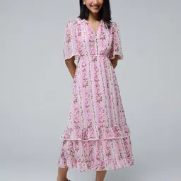 20Dresses Salmon Women Floral Printed V-Neck Flared Sleeve Fit & Flare Midi Dress-picture-27