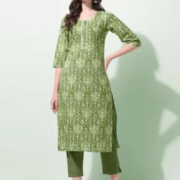 MIRCHI FASHION Olive Green Cotton Embroidered Straight Kurta-picture-12