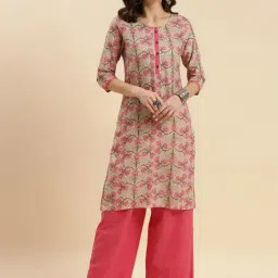 Rangita Beige & Pink Cotton Floral Print Straight Kurta-image-12