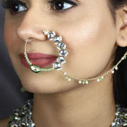 BeAbhika Gold-Plated Kundan Studded & Beaded Chained Nosepin image 1