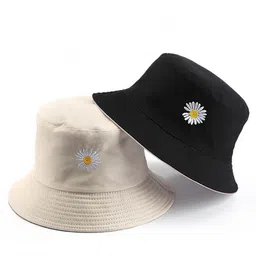 reffer Women Bucket Hats Cute Little Daisy Flower Embroidery Cotton Reversible Double Sided Wear Packable Bucket Hat for Women Beach hat Summer hat (Pack of 1) image 1