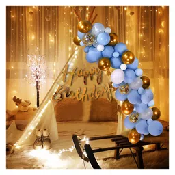Puchku Decoration Items For Birthday 26Pcs Combo With White Net Led Fairy Lights And Blue White Golden Balloons-image-30