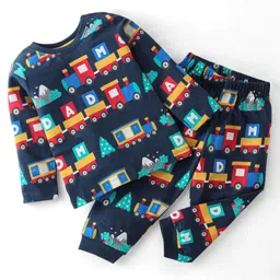 Babyhug Cotton Knit Full Sleeves Toy Train Printed Night Suit - Navy Blue-picture-13