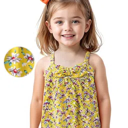 Babyhug 100% Cotton Knit Sleeveless Top with Floral Print - Yellow-picture-16