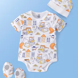 Doodle Poodle 100% Cotton Interlock Half Sleeves Vehicles Printed Onesie With Cap & Booties - Bright White-picture-17