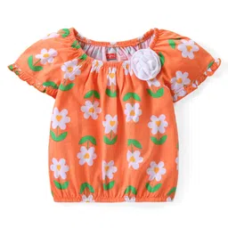 Babyhug 100% Cotton Knit Half Sleeves Top Floral Print with Apllique - Orange-image-51