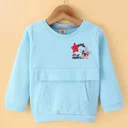 Olio Kids Cotton Knit Full Sleeves Winter T-Shirt with Kangaroo Pocket & Star Printed - Sky Blue-picture-21