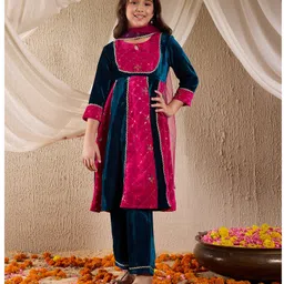 Pspeaches Three Fourth Sleeves Sequins & Lace Embellished Coordinating Kurta & Pant Set With Dupatta - Teal Blue-picture-10