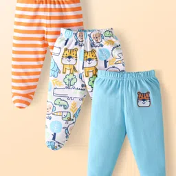 Babyhug Cotton Knit Full Length Bottie Leggings with Strips & Animal Print Pack of 3 - Orange White & Light Blue-image-99