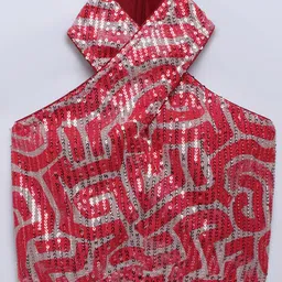 Taffykids Sleeveless Sequins Embellished Halter Neck Crop Top - Red-picture-25