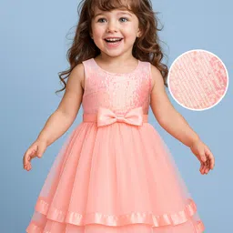 Babyhug Woven Sleeveless Party Dress With Bow Applique & Sequin - Peach-picture-24