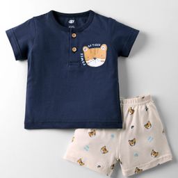 Zero Sinker Knit Half Sleeves Shorts Night Suit With Animal Print - Navy Blue-picture-6