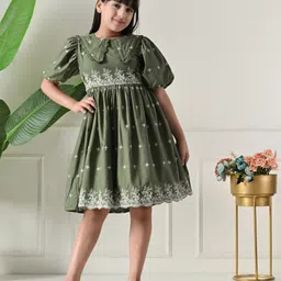 Bella Moda Cotton Woven Half Puffed Sleeves Floral Embroidered Dress - Light Green-picture-44