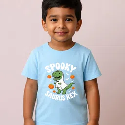 BLUSHES 100% Cotton Knit Halloween Theme Half Sleeves Spooky Saurus Rex Text Printed Tee - Aqua Blue-picture-30