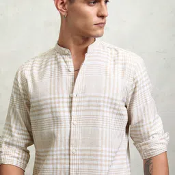 HIGHLANDER Men Band Collar Tartan Checked Cotton Casual Shirt-image-45