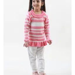 KNITCO Full Sleeves Striped With Frill Detailed Sweater Dress - Pink image 3