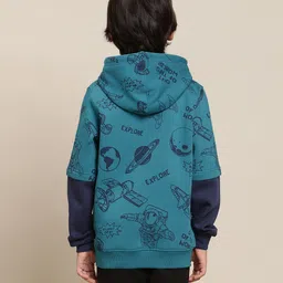 Kidsville Full Sleeves Space Theme Printed Hooded Sweatshirt -Blue image 3