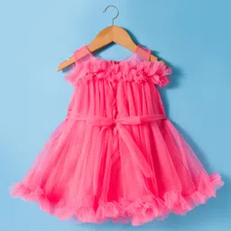 Babyhug Mesh Woven Sleeveless Party Dress With Floral Corsage - Pink image 2