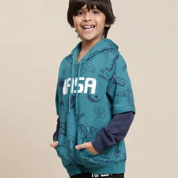 Kidsville Full Sleeves Space Theme Printed Hooded Sweatshirt -Blue image 4