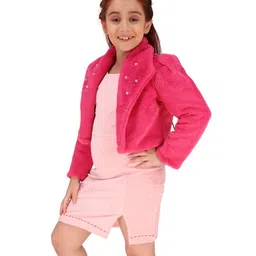 Cutecumber Fur Butterfly Patch Embroidered Dress With Full Sleeves Pearls Embellished Jacket - Pink image 4