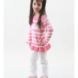 KNITCO Full Sleeves Striped With Frill Detailed Sweater Dress - Pink image 5