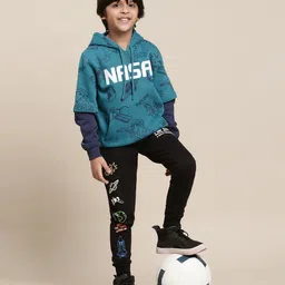 Kidsville Full Sleeves Space Theme Printed Hooded Sweatshirt -Blue image 5