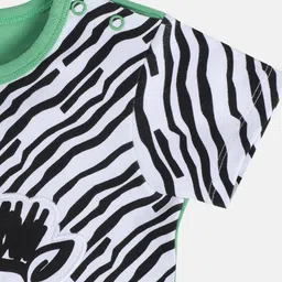 MINI KLUB Cotton Knit Half Sleeves Zebra Patch Detailed Romper - Green & White image 5