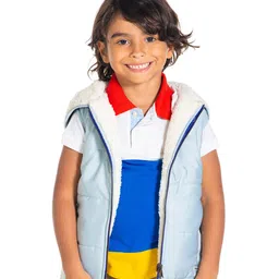 Cherry Crumble By Nitt Hyman Woven Sleeveless Solid Hooded Quilted Jacket - Blue & Off White image 5