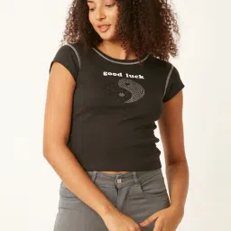 Forever 21 Black Cotton Graphic Print T-Shirt-picture-27