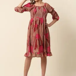 Melon by PlusS Pink & Brown Floral Print A Line Dress-image-88