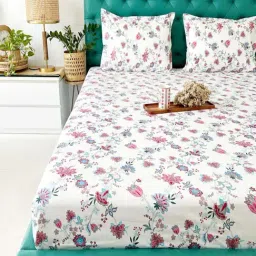 Urban Space White & Pink Cotton 200 TC Double Bedsheet with 2 Pillow Covers-image-29