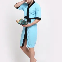 Creeva Everyday Ocean Blue & Black 225 GSM Micro Terry Bathrobe with Front Pocket & Kimono Collar image 4