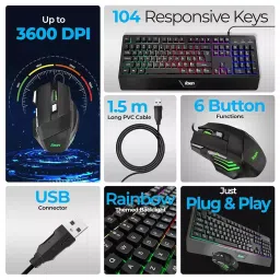 Foxin Endeavour Gaming Keyboard and Mouse Combo Wired RGB Rainbow Backlit Keyboard With 104 Keys & Wrist Rest (Pack of 5) image 2