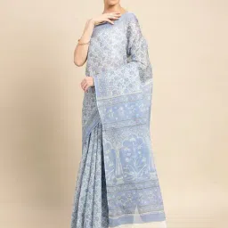 SHANVIKA Blue Cotton Printed Saree Without Blouse image 3