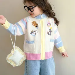 LULU & SKY Girls Colourblocked Acrylic Knitted with Embroidered Jacket image 3